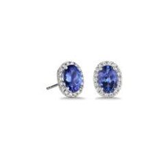 Oval Tanzanite and Diamond Halo Stud Earrings